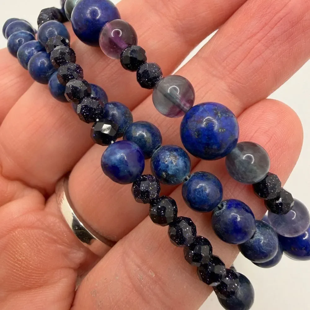 Three‎ strands of Lapis Lazuli, Fluorite, and Sandstone beaded bracelet w/ 925!